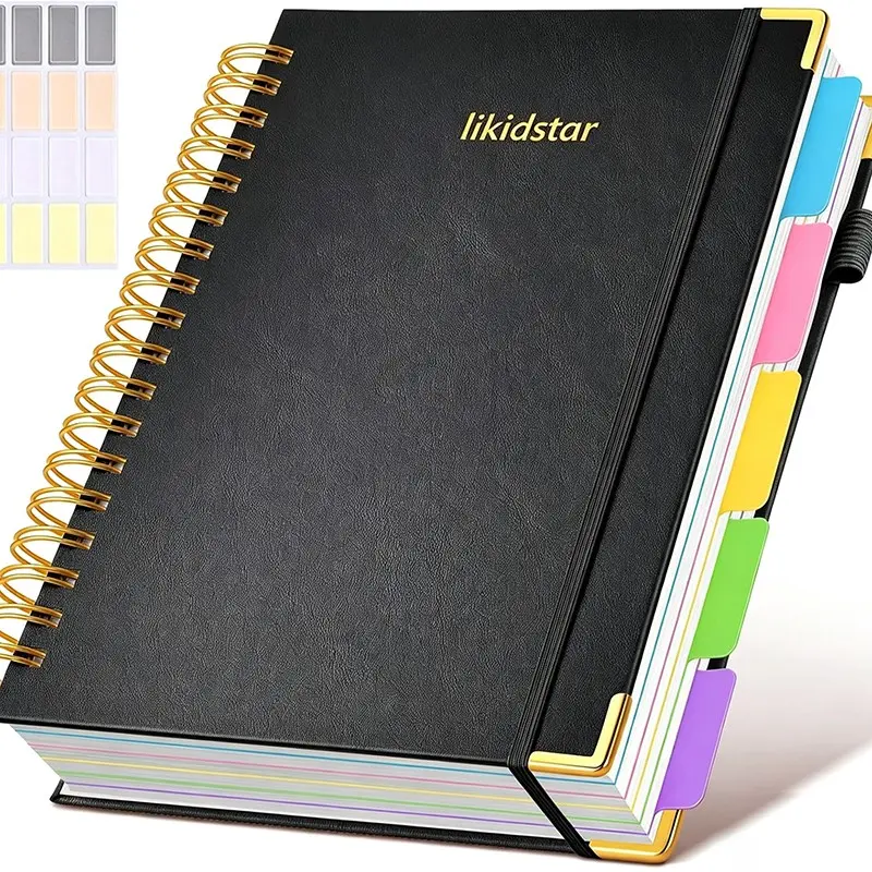 Leather Dividers Tabs, 300 Pages 5-Subject 8x10 Inch Notebook, Large Format Spiral Journal for Work, School, Travel Diary, Study Notebook