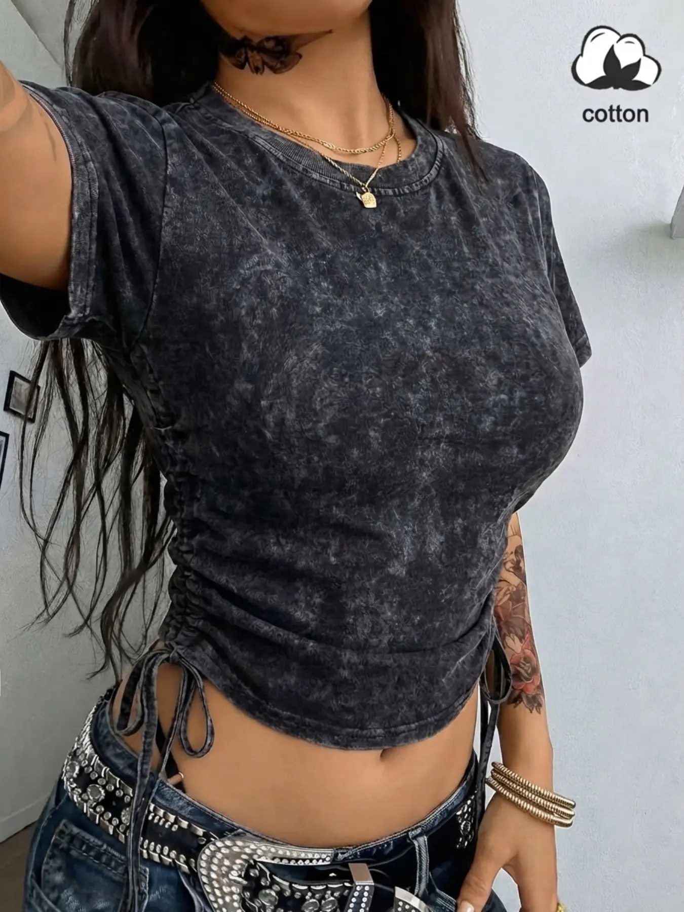 1-Piece Distressed & Washed Slim-Fit T-Shirt with Adjustable Side Drawstrings — American Vintage Retro Y2K Style | Waist-Defining & Slimming | "Hot Girl" Aesthetic — Perfect for Photoshoots & Cafe Hopping