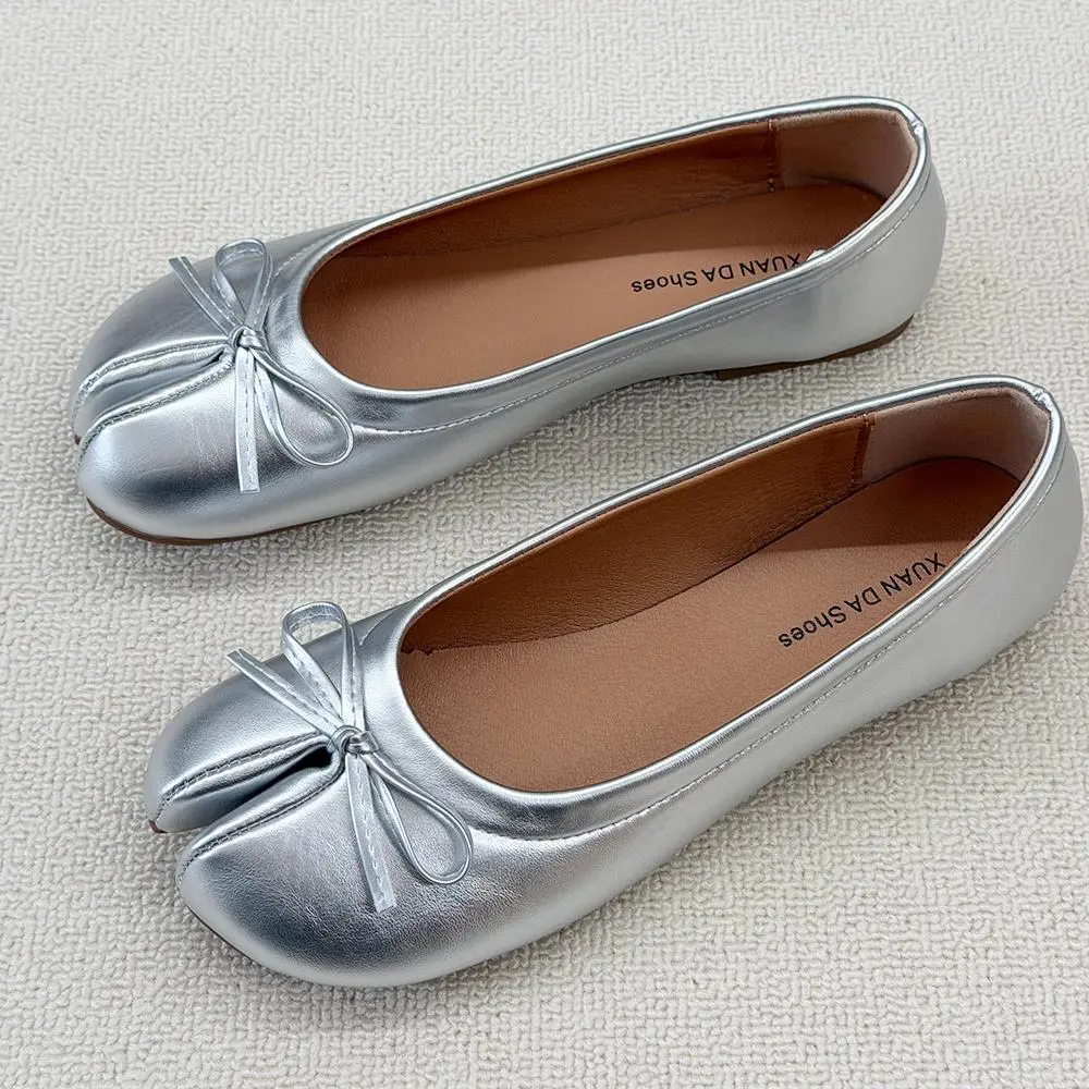 Silver Split-toed Shoes with Bow, Pig's Trotters, Beige Women's Shoes, Can Be Worn in Spring and Autumn, 2026 Summer Shoes, Black  Thumb Pig's Trotters with Bow Tie, Brown Flats, Non-slip and Durable Women's Shoes.