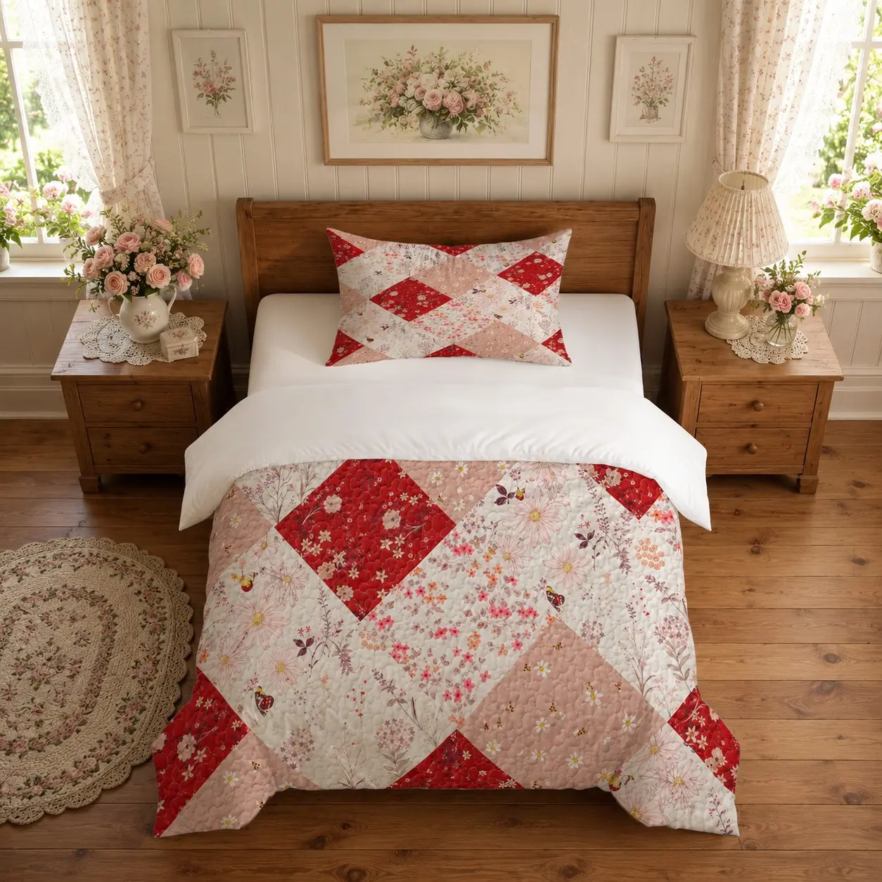 2/3-Piece Duvet Cover Set (1 Duvet Cover + 1/2 Pillowcases, No Inserts), Farmhouse Patchwork Floral Cottagecore Bedding, Quilted Digital Printed Quilt Cover, Country Bedroom Home Decor, Gift for Farmhouse Decor Lovers
