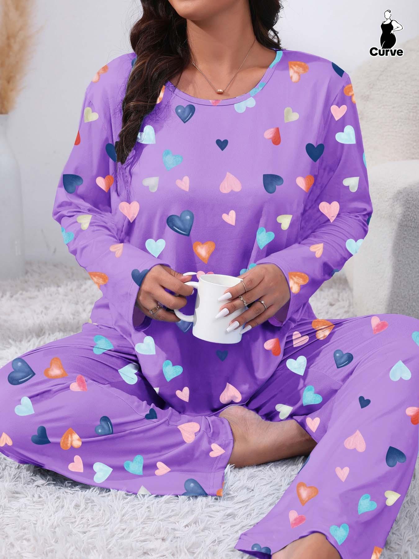 Plus Size Two-Piece Heart Print Pajama Set, Casual Long Sleeve Tee & Pants, Women's Plus Sleepwear & Homewear for Spring & Fall