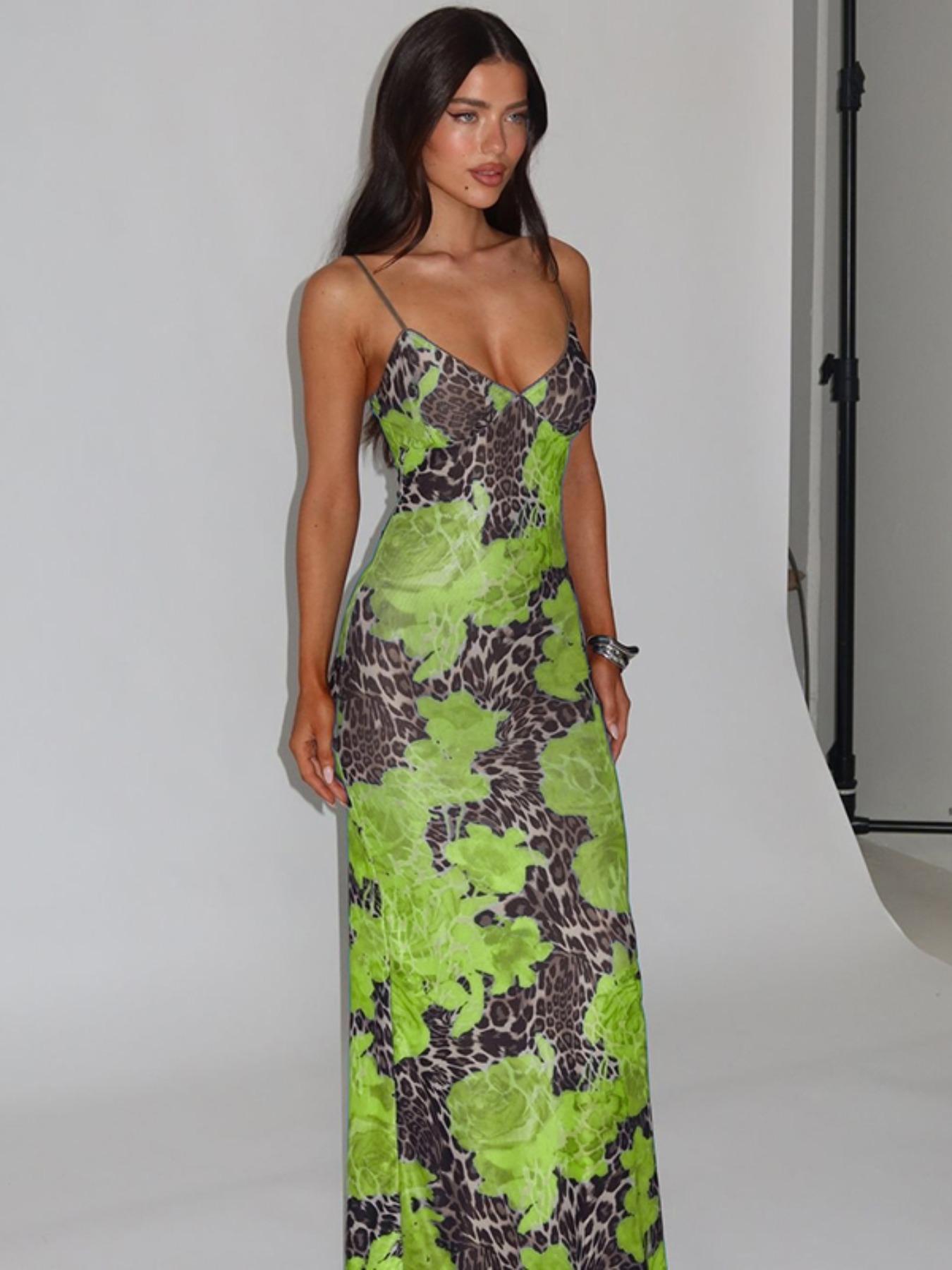 Women's Leopard & Floral Print Cami Spaghetti Strap Dress, Fashion Casual Sleeveless Bodycon Maxi Dress for Party Club Dating Wear, Ladies Summer Clothes