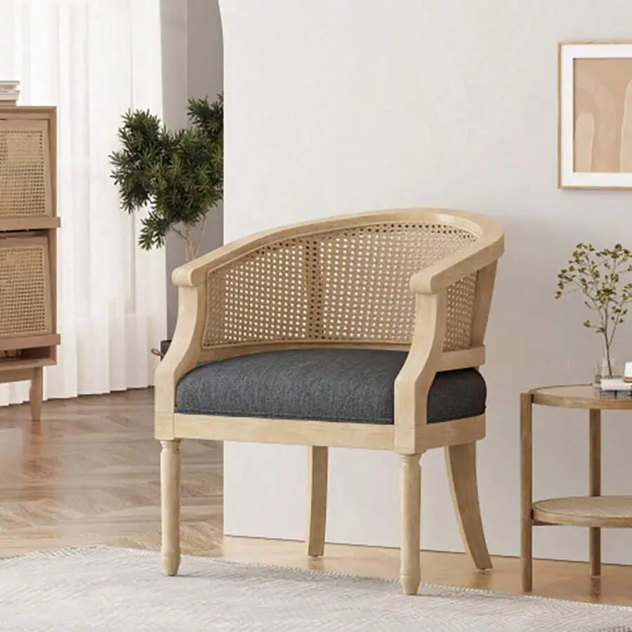 French Country Accent Chair With Cane Webbing – Upholstered Club Chair With Rubberwood Frame, Curved Backrest & Turned Legs – Vintage Boho Living Room Chair, Bedroom, Reading Nook – Lightweight, Farmhouse, Cottagecore, Shabby Chic Decor (25.5" W X 31.75")