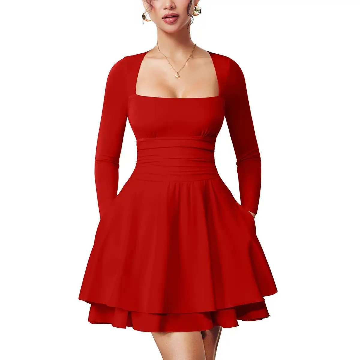Women's Formal Chic Square Neck Long Sleeve Corset Waist Fitted Ruched Mini Dress with Ruffle Hem, Pockets & Standard Size, Short Length