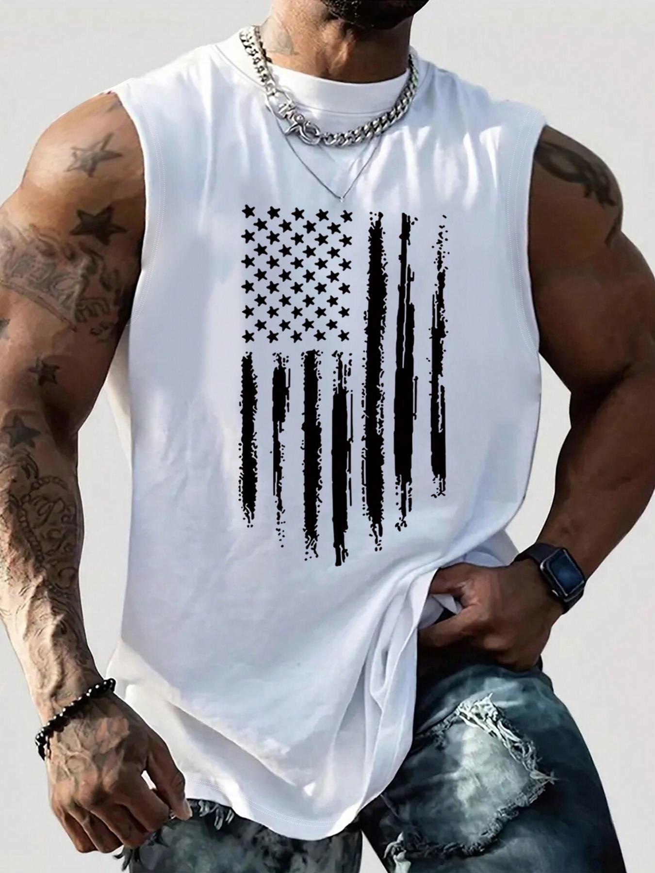Men's American Flag Graphic Print Round Neck Tank Top Vest, Regular Fit Fitted Casual Crew Neck Sleeveless Top for Summer, Men's Clothes for Outdoor Wear, Socks