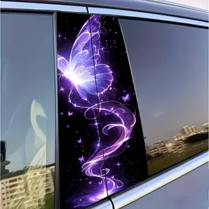 2pcs Glitter Butterflies Car Decals - Sparkling Purple Self-Adhesive Vinyl B-Pillar Protector Stickers, Easy Apply & Remove, Durable Glossy Finish for Cars, Walls, Windows, Car Vinyl Stickers