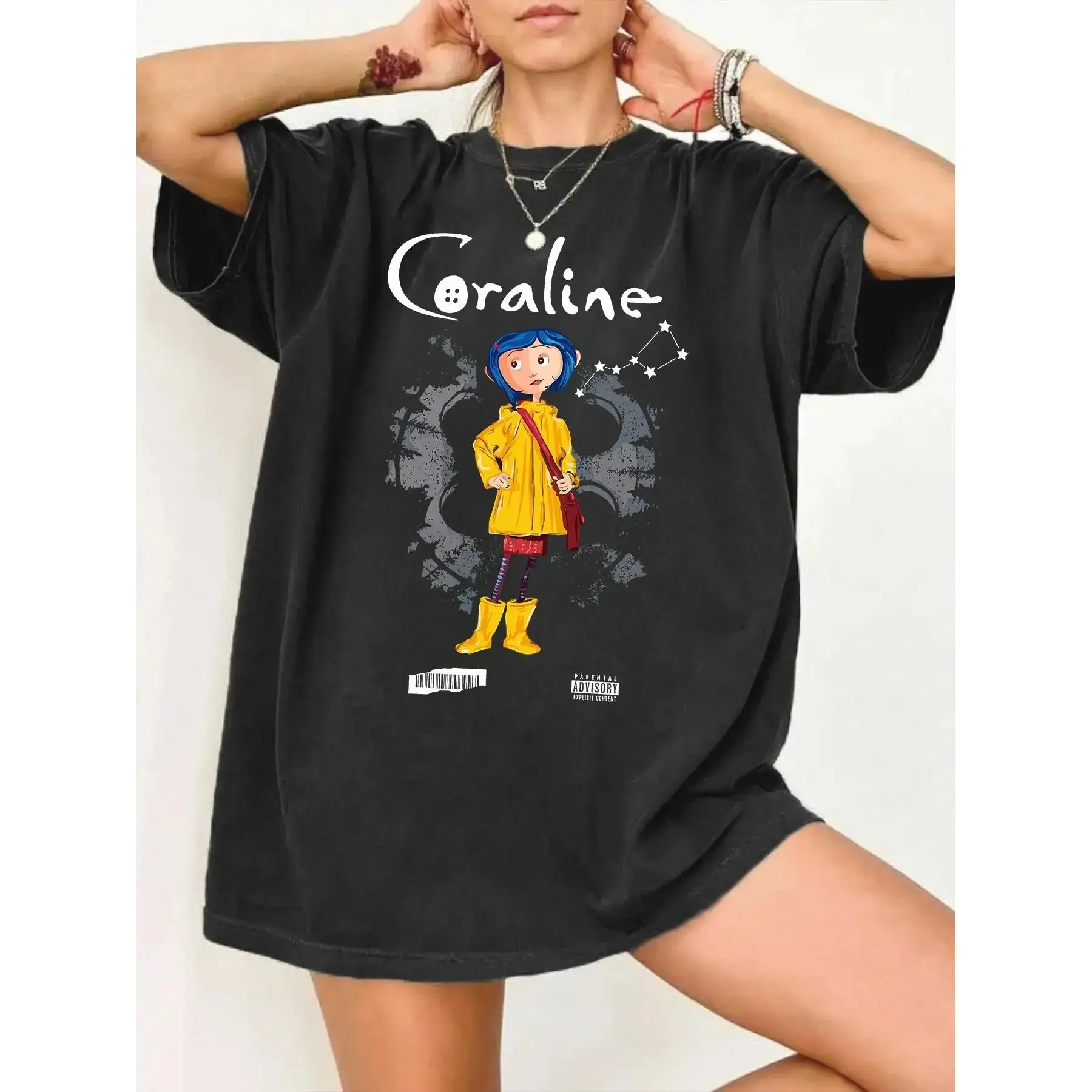 Streetwear Coraline Graphic T-Shirt, Unisex Oversized Fit with Spooky Constellation Print, Short Sleeve Cotton Blend Creepy Cute Movie Fan Top, Shortsleeve, Clothes