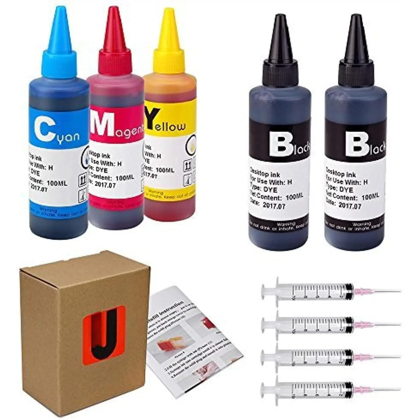 Dye Ink Refill Kit 100ML x5 Bottles for 950 951 952 902 901 60 61 62 63 21 22 564 920 940 932 933 711 970 971 Ink Cartridges, with , for  Office Printing