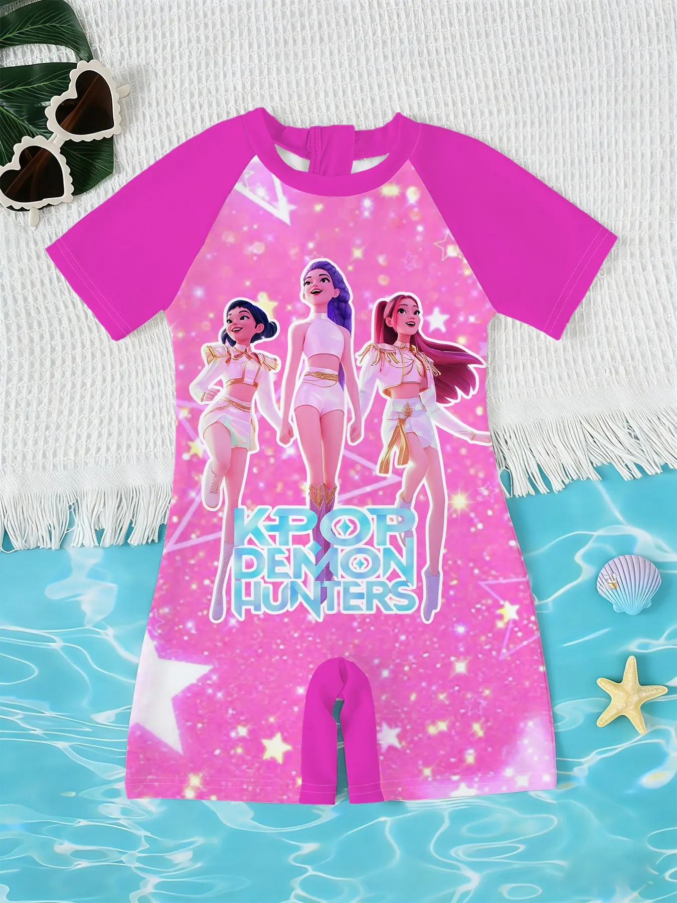 Girls' Korean Style One-Piece Swimsuit, Sweet Cool Starry Summer Short Sleeve Quick-Dry Sunscreen Swimwear, Kids Beach Vacation New Design, Quick Drying Swimsuit