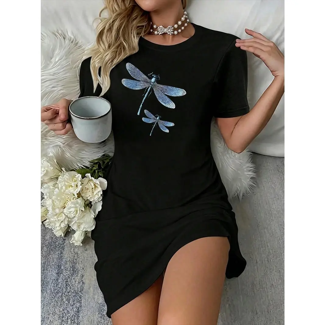 Women's Dragonfly Print T-Shirt Dress - Casual Oversized Short Sleeve Streetwear, Breathable Polyester Loungewear, Fits M, Spandex, Lightweight, Loose