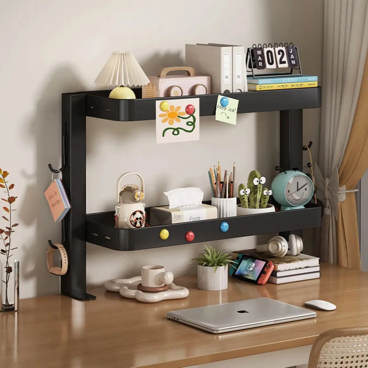 2 Tier Clamp on Desk Shelf, Office Desk Shelves Organizer, Desk Organizers and Accessories Clamp-On Desk Shelf Organizer, Adjustable Storage Rack with 4 Hooks, Space-Saving Desktop Organizer for Home Office, Stationery