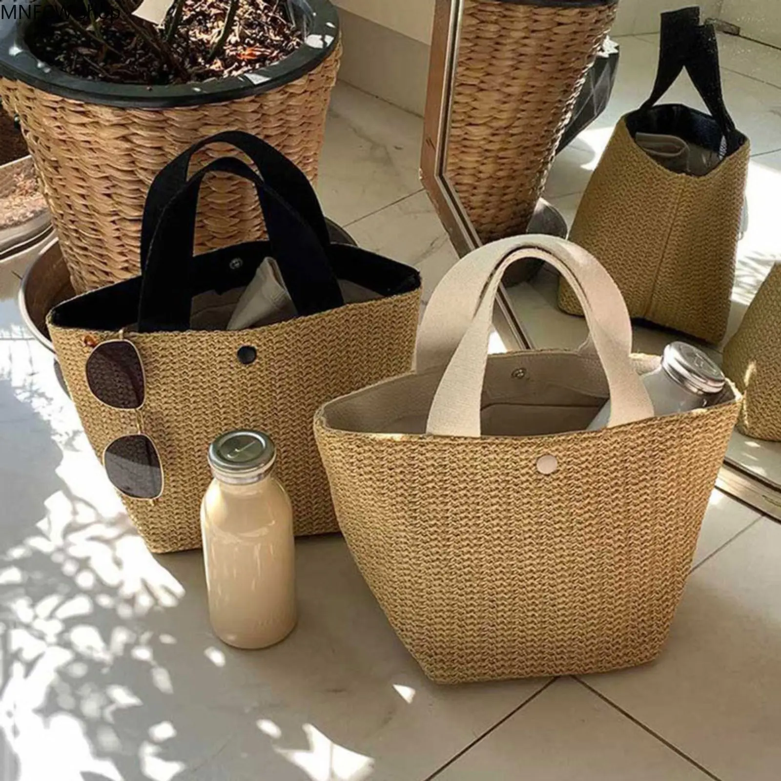 Casual Leather Woven Handbag for Women, Bohemian Bucket Tote Bag for Beach Vacation, Natural Spacious Shopping Purse, Shopping Bucket Bag, Chic, Expandable, Anti-Theft