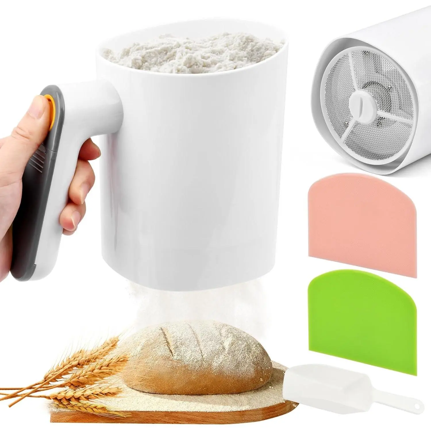 Electric Flour Sifter for Baking, 4 Cup Battery Operated Flour Sieve Cup, One-Hand Operation with Comfortable Grip, Great for Powdered Sugar, Cocoa and Cake Flour, Easy to Clean