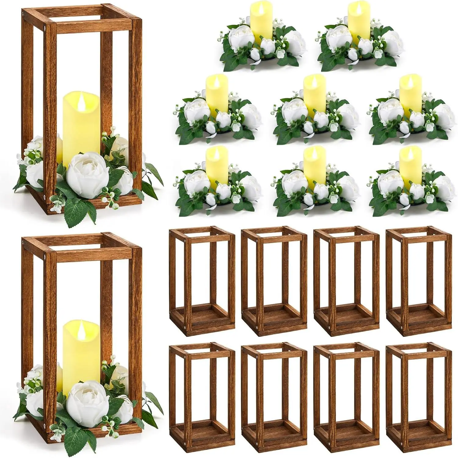 30 count Wedding Lantern Centerpiece with Candle Holders, White Flower | Wooden Frame with LED Flameless Candles, No , Eucalyptus Rose Wreaths, Rustic  Table Decorations