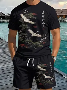 Men's 3D Digital Printed Two-Piece Set with Traditional Chinese Ink Wash Flying Crane Retro Style, 2Pcs, Fashion Trendy Outfit, Trendy Retro Casual Two-Piece Suit, Vacation-Style Fashion Wear, Breathable Sports Casual Style, an Ideal Holiday Gift for Men