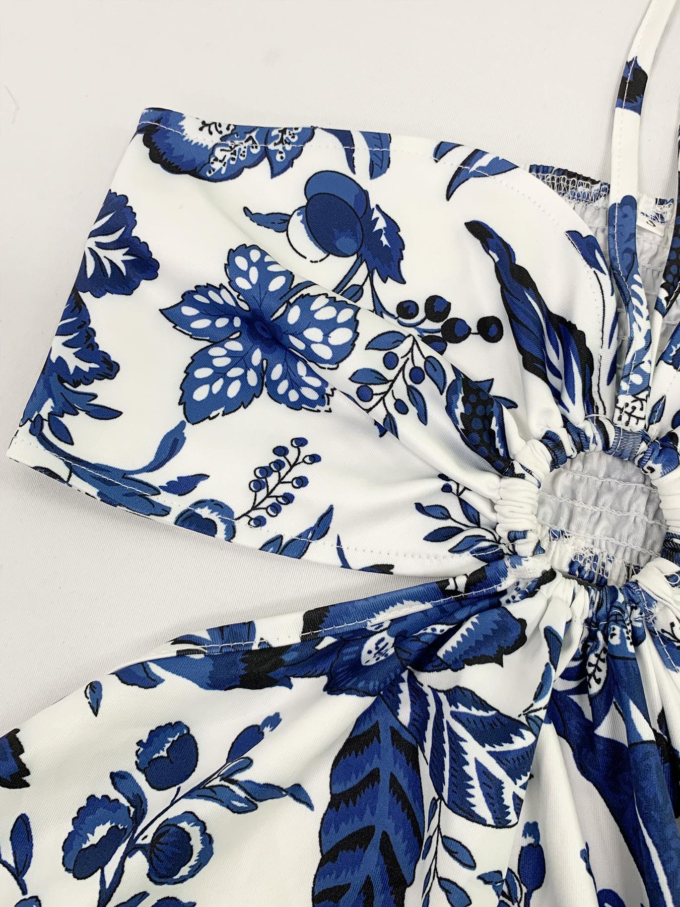 Women's Blue Porcelain Print Halter Dress, A-Line Skirt Hem, Casual Beach Vacation Wear, Bohemian Floral Pattern, Fitted Style