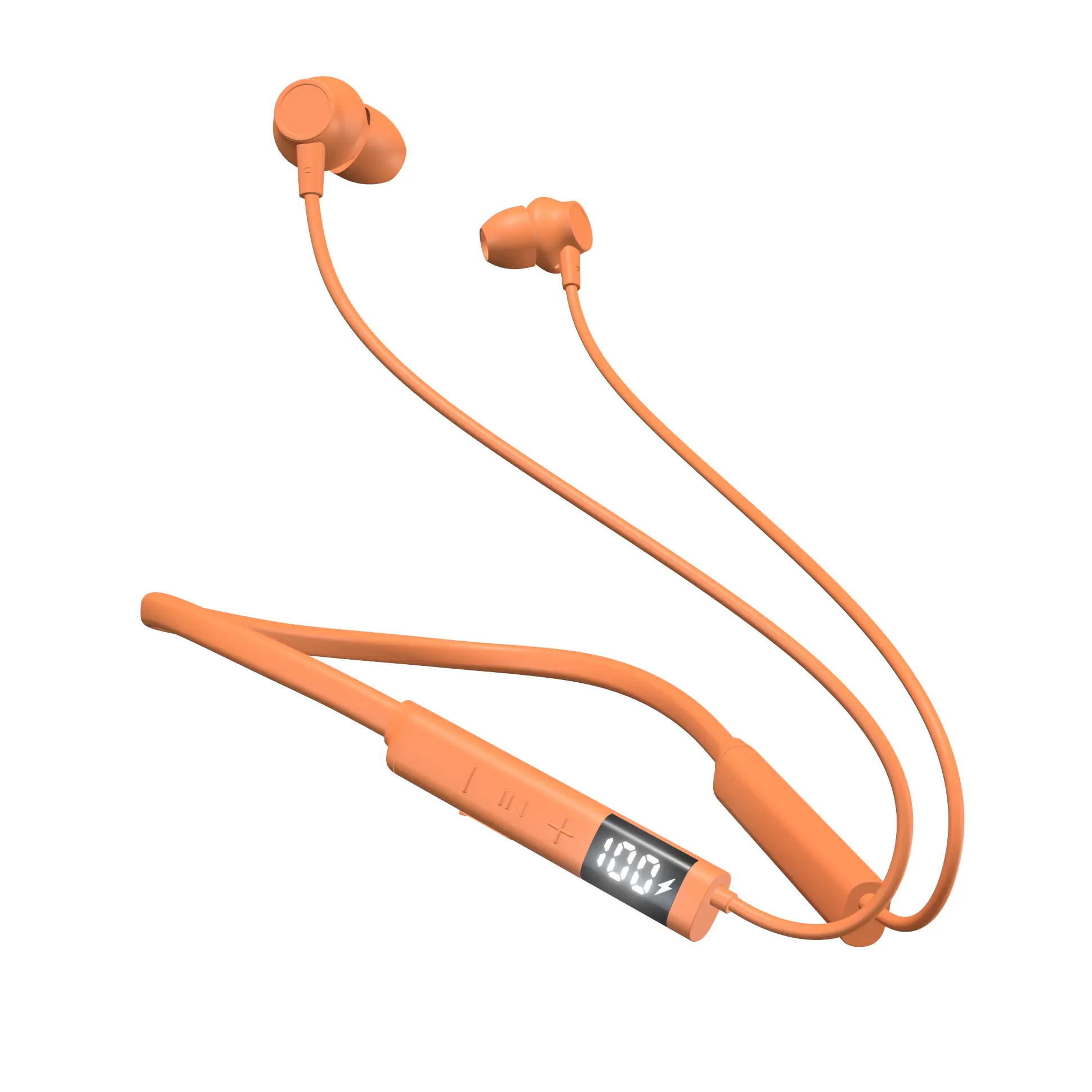 Hi Vis Bright Orange Safety Neckband Bluetooth Headphones, Digital Display, 48HR Battery, Sweat Resistant Earbuds with Microphone, Hands Free Calling Ideal for Warehouse Work