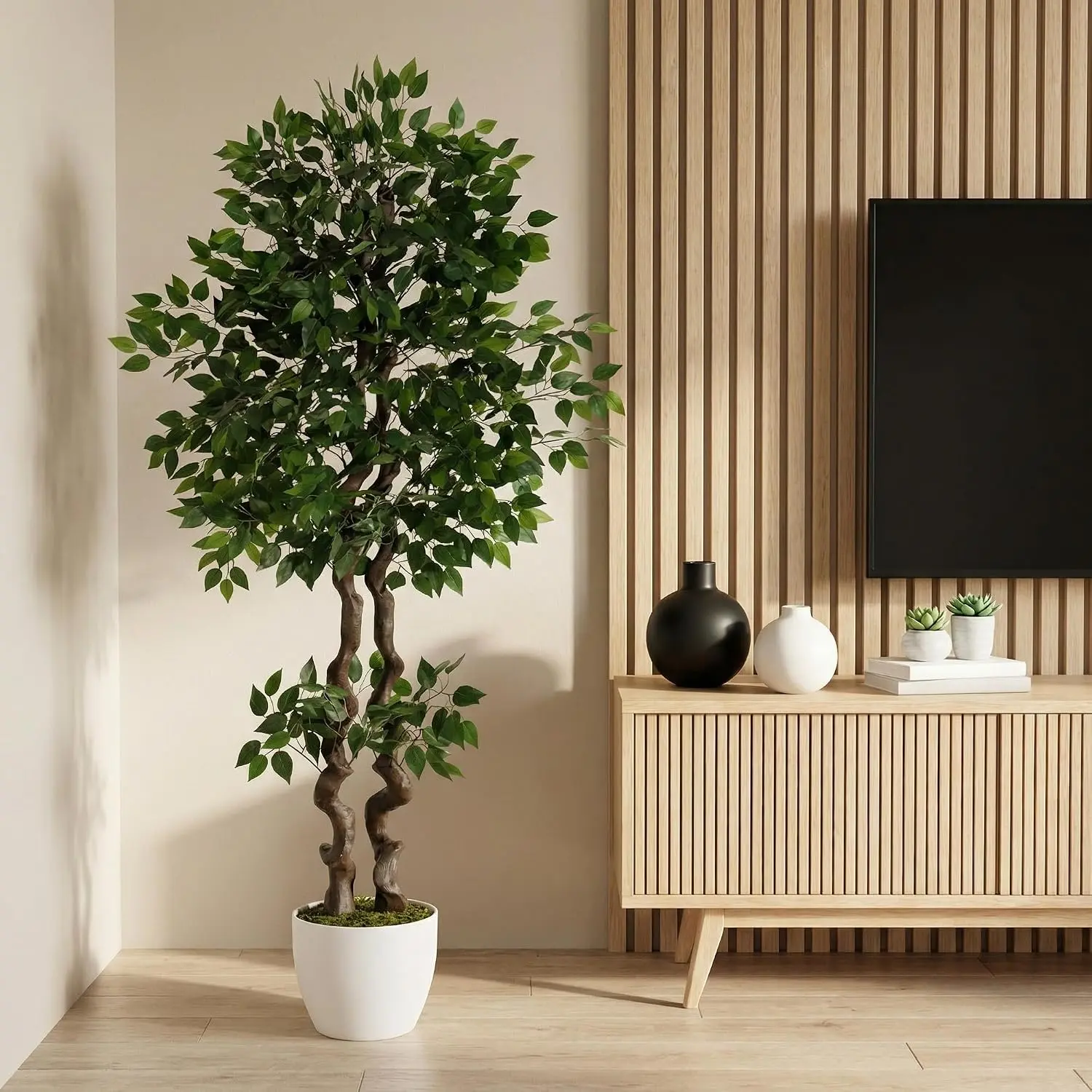 Artificial Ficus Tree, Tall Faux Banyan Tree with Realistic PVC Trunk and Full Dense Foliage, Floor Standing Fake Plant for Indoor Home Office Living Room Deco