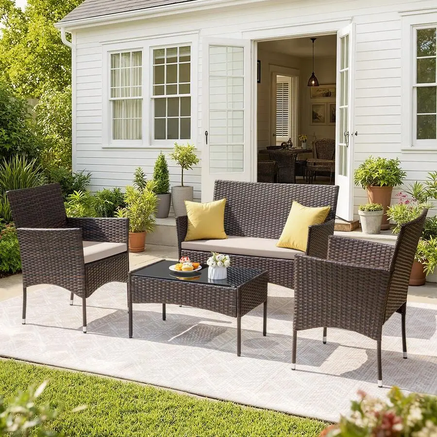 4-Piece All-Weather Outdoor Furniture Sets, PE Rattan Wicker Patio Conversation Chairs with Side Table & Soft Cushions, Modern Leisure Seating for Backyard Balcony