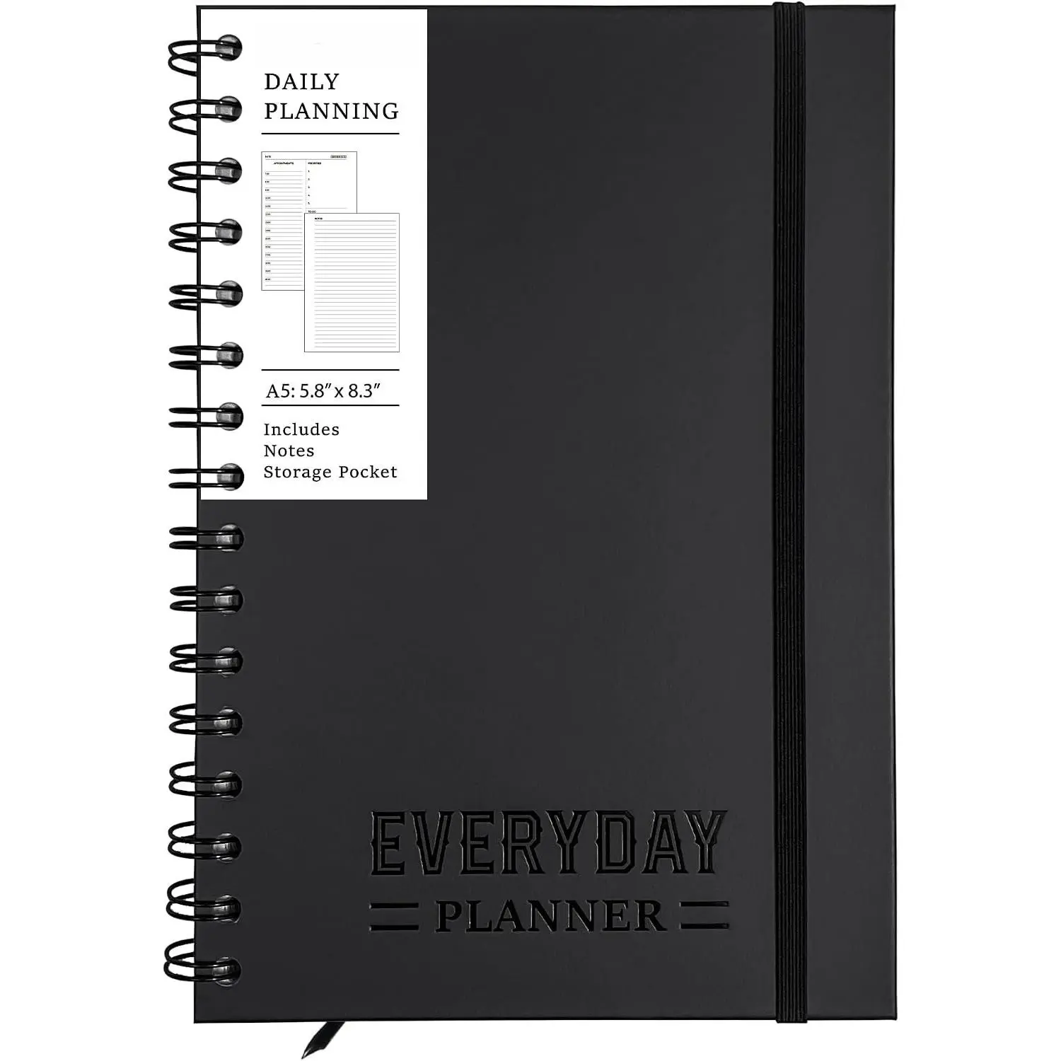 Undated Daily Planner Notebook With Hourly Schedule - Hardcover Appointment Day  Notebook for Women & Men - A5(5.7" x 8.3") Spiral Black