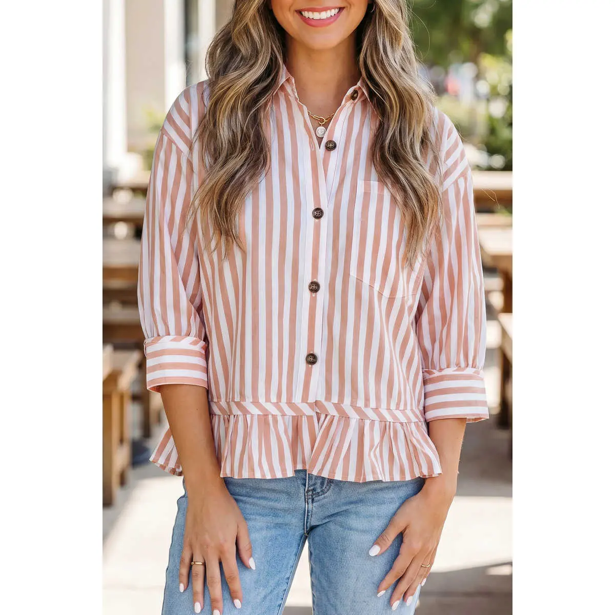 Women's Striped Peplum Blouse, Casual Button-Front Top with Classic Collar and Bracelet Length Sleeves, Collared, Polyester