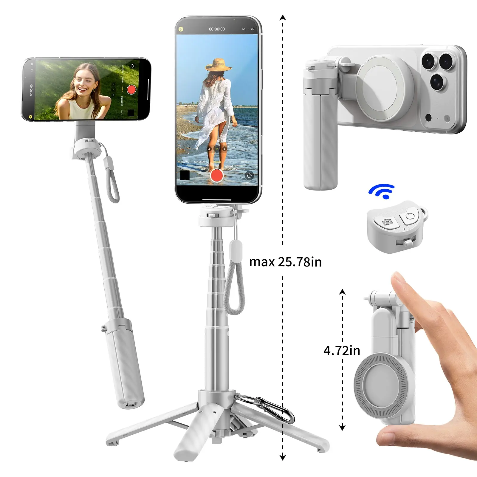 7 in 1 Double-Sided Magnetic Selfie Stick Tripod, Dslr-Style Phone Camera Grip, Makeup Mirror & Phone Holder, Compatible with iPhone 17/16/15/14/13/12 Pro Max