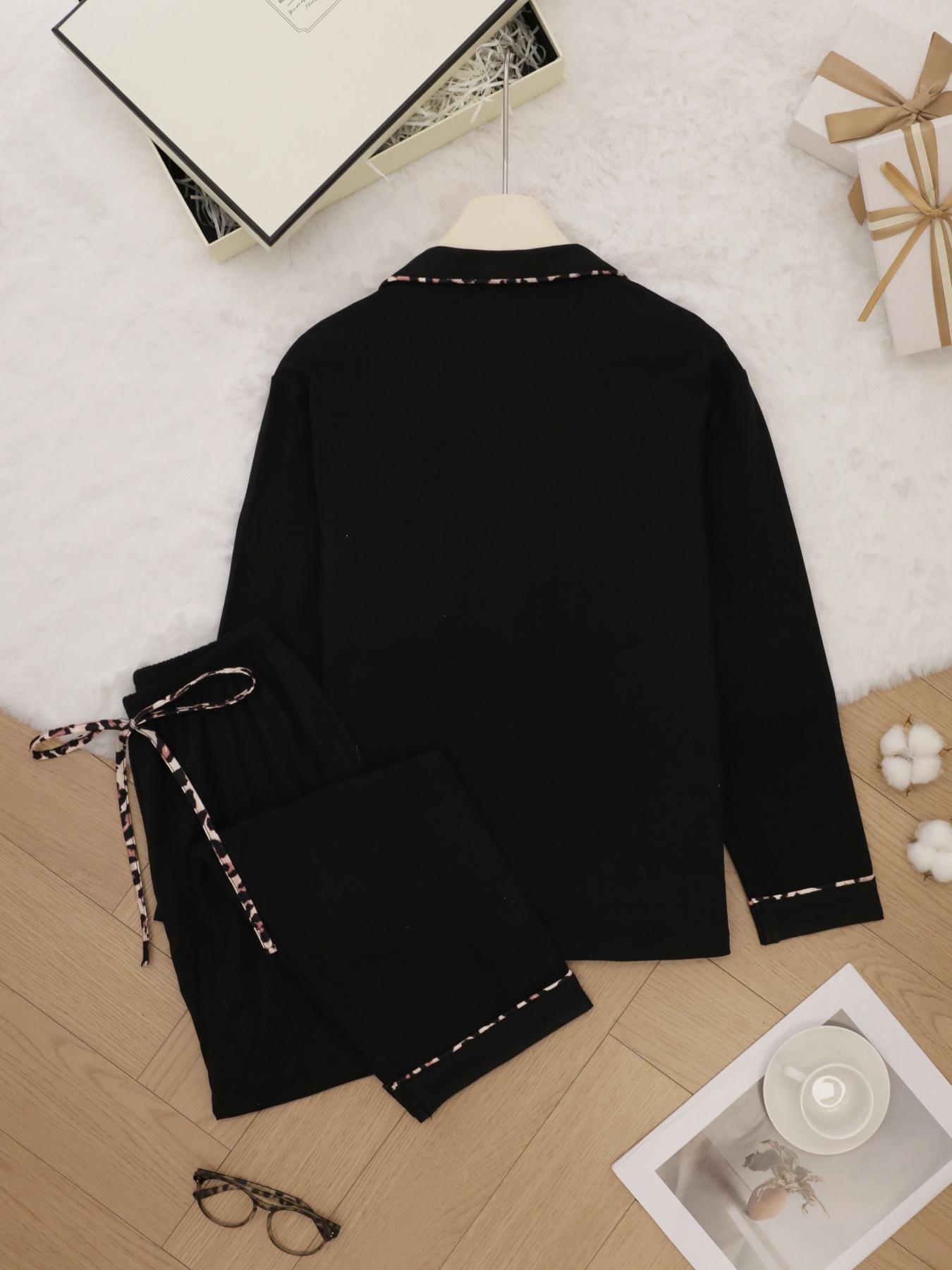 Women's All Over Print Lapel Neck Pajama Set, Long Sleeve Button Top & Tie Front Pants PJ Set, Casual Comfy Loungewear Set for Women