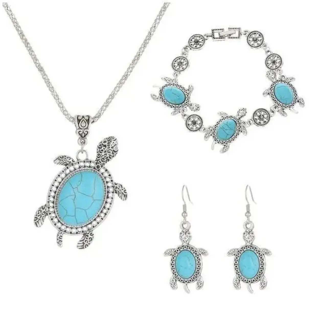 Women’s Handcrafted Boho 3-Piece Turtle Motif Turquoise Stone Jewelry Set - Vintage Drop Earrings, Bracelets, Stylish Bag Accessories for Beach Trips, Festival Gifting