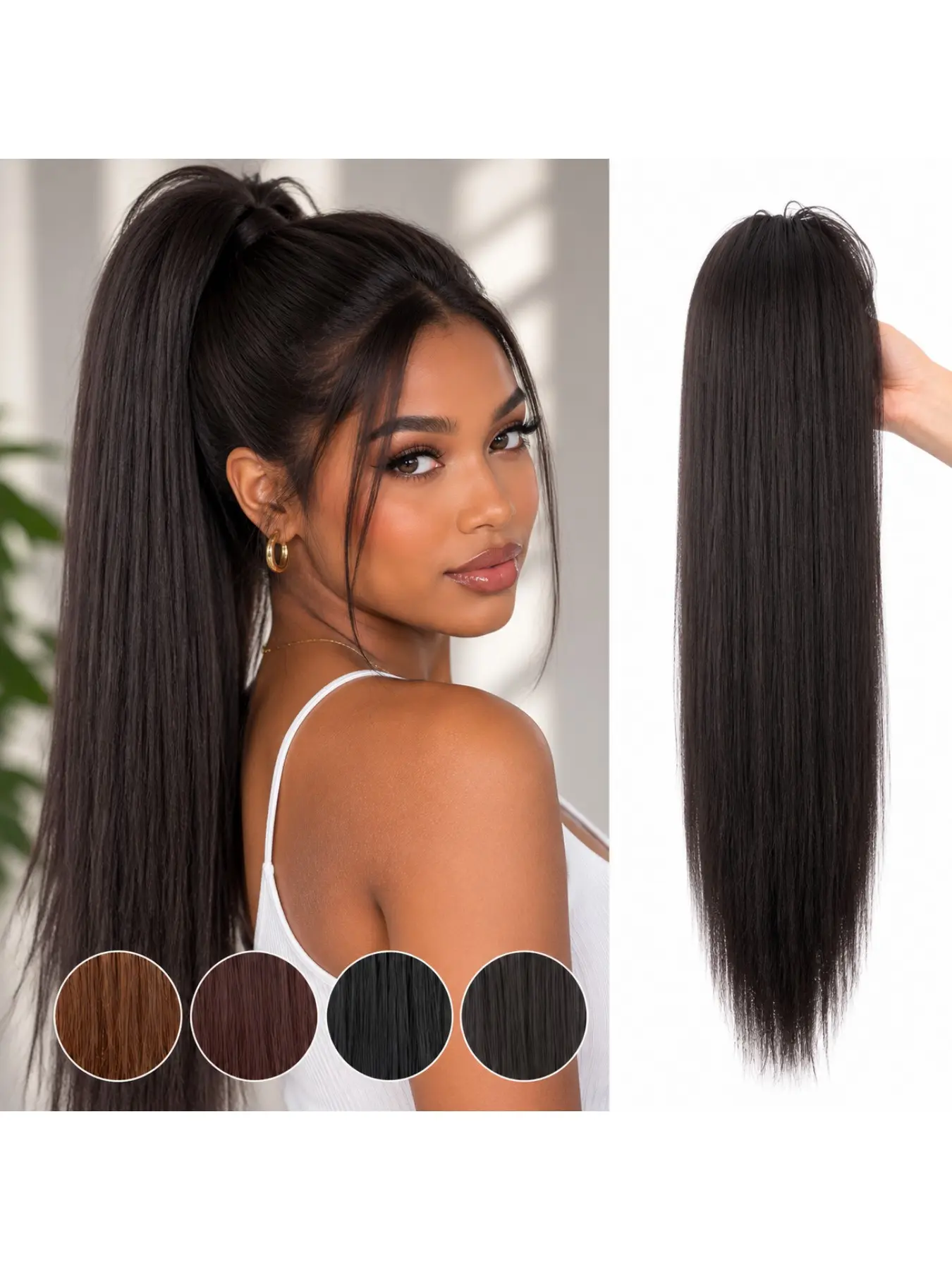 Long Straight Black-Brown Claw Clip Ponytail Extension Made of Synthetic Material for Daily Wear by Women