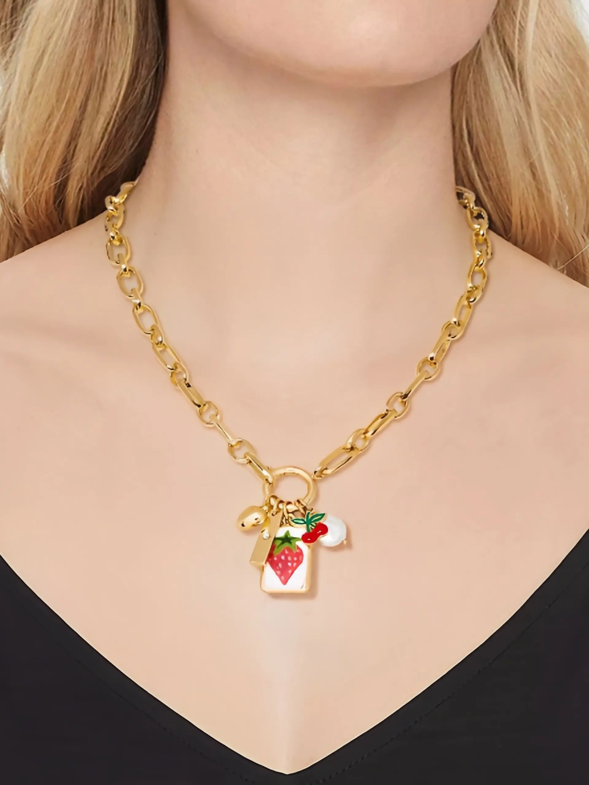 Y2K Style Layerable Chunky Chain Necklace, Cute Strawberry Cherry Pendant with Pearl, Elegant Summer Vacation Accessory