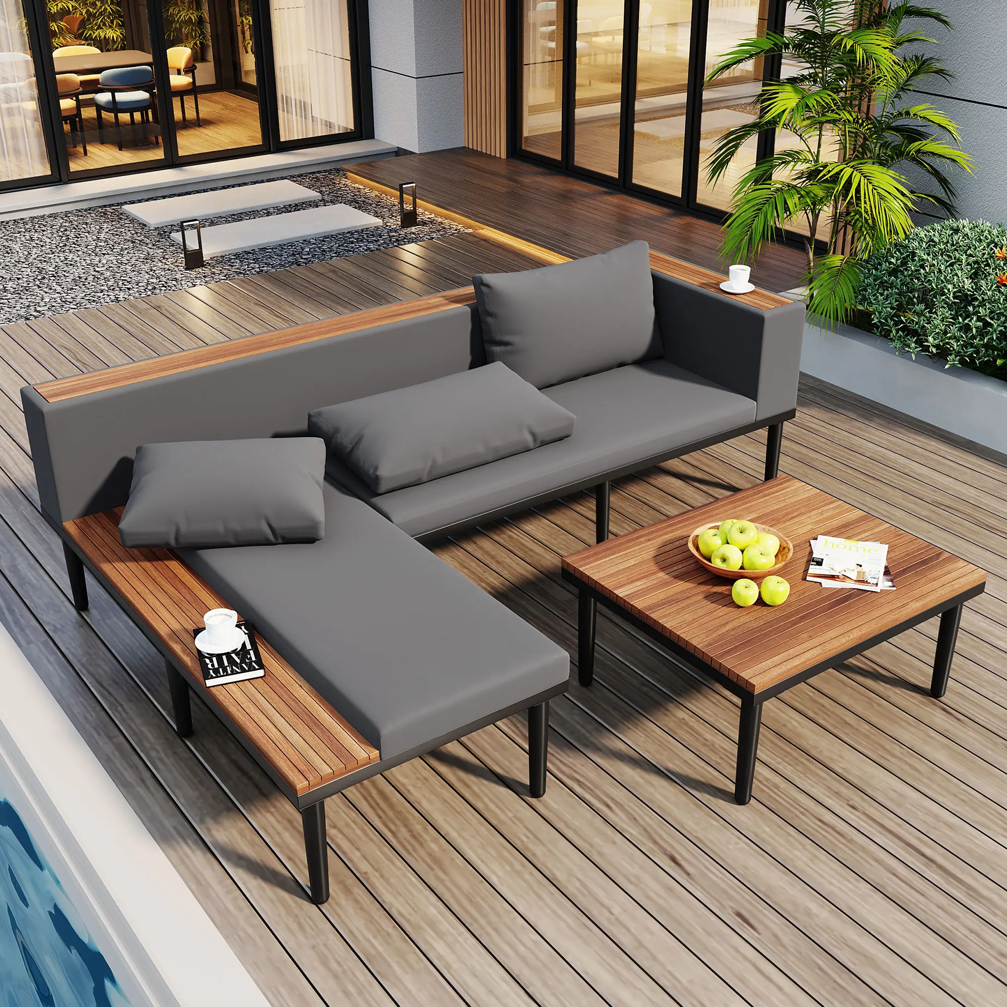 ARCH Modern Outdoor Patio Coffee Table - Acacia Wood Top, Lower Storage Shelf, Gray Finish, 35.4x23.6x17.7in Weatherproof Furniture, Apartment Use, Assembly Required, Durable for Backyard, Porch
