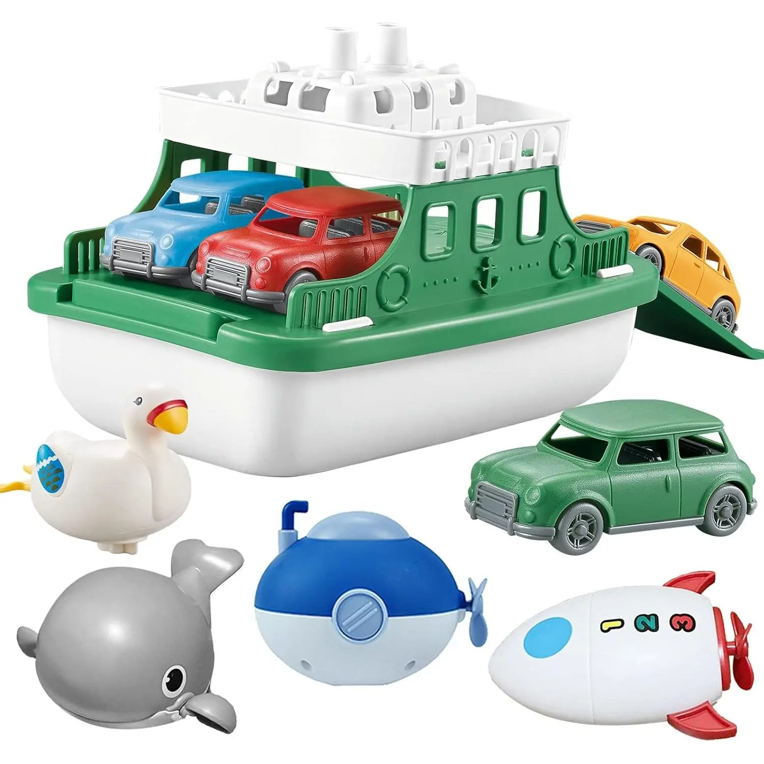 Ferry Boat Bath Toy Set with 4 Cars and 4 Wind-Up Swimming Toys - Floating Whales Submarines Swans Rockets, Fun Bathtub Pool Beach Toy for Toddlers Boys Girls