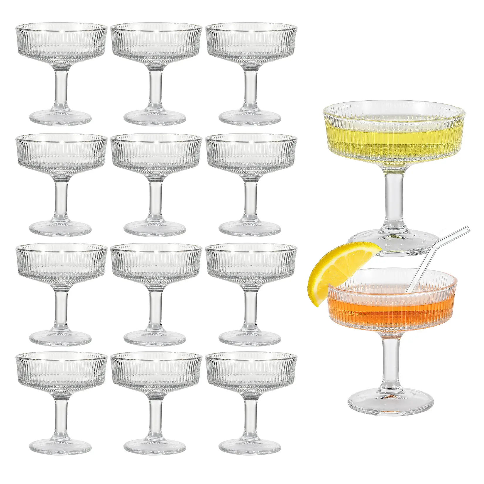 12-Pack Ribbed Coupe Glass Set, 7 Oz Round Drink Cups for Champagne, Classic Cocktails, Reusable Kitchenware Drinkware, Ideal Gift for Romantic Occasions (Machine-Made Quality)