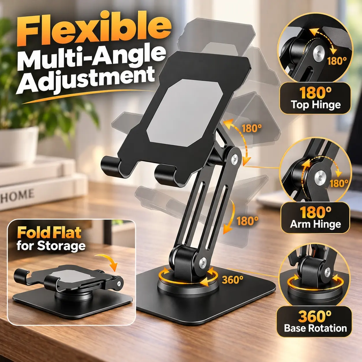 Foldable Metal Desk Phone & Tablet Stand, 360° Rotating Base, Dual 180° Adjustable Desktop Holder for Office, Video Calls, Study & Cooking