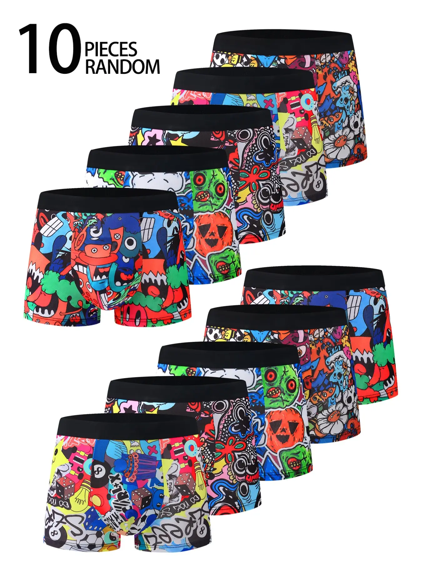 10 Pcs Men's Boxer Briefs Set, Casual Geometric Print, High Elasticity, Comfortable Mid-Waist, Daily Wear, Anime Style, Student Fashion