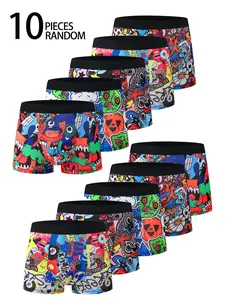 10 Pcs Men's Boxer Briefs Set, Casual Geometric Print, High Elasticity, Comfortable Mid-Waist, Daily Wear, Anime Style, Student Fashion
