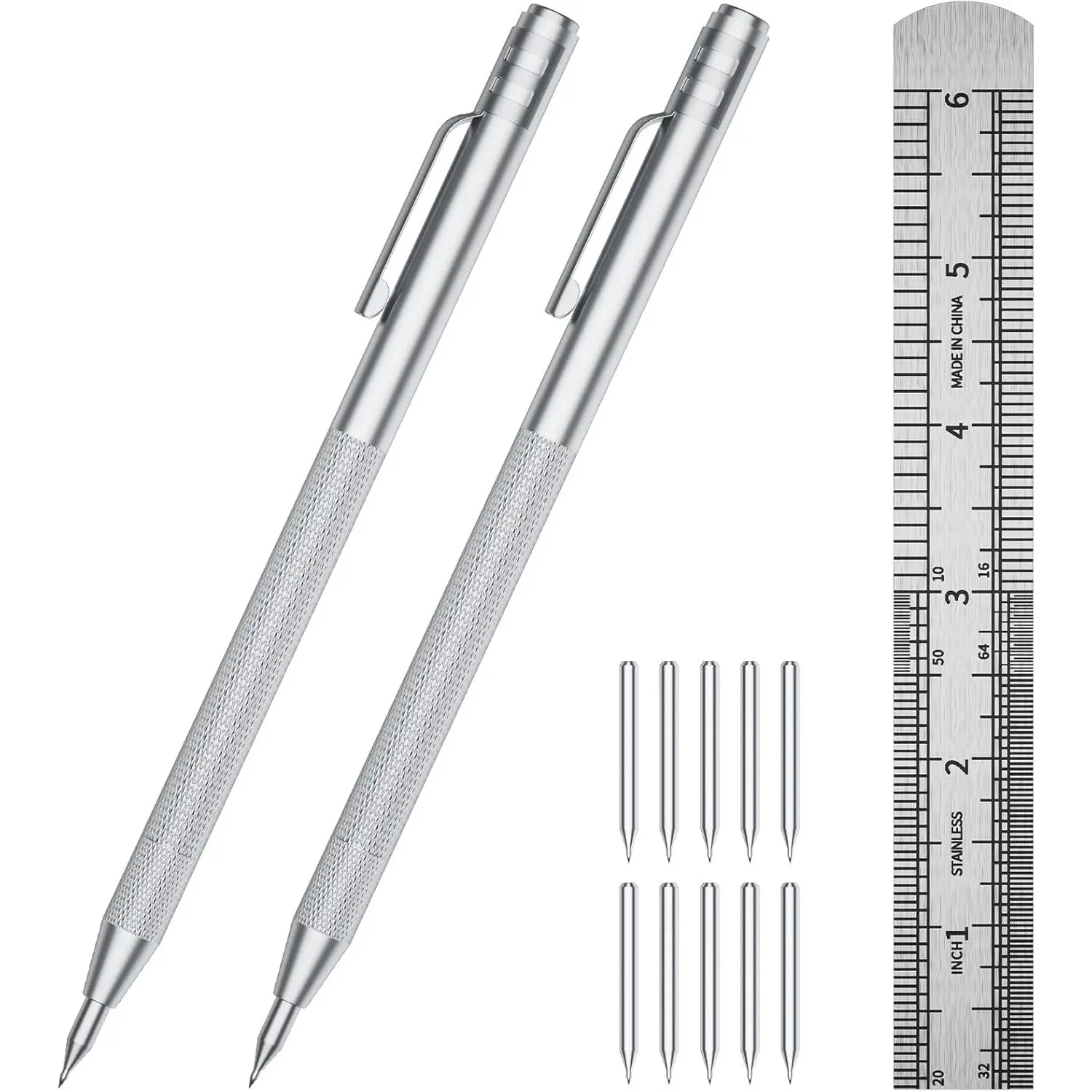 2-Pack Tungsten Carbide Scriber, Metal Scribe Tool with 25  Marking Tips & Steel Ruler - Knurled  Handle & , Engraving Pen for Glass/Ceramics/Metal Sheet (2)