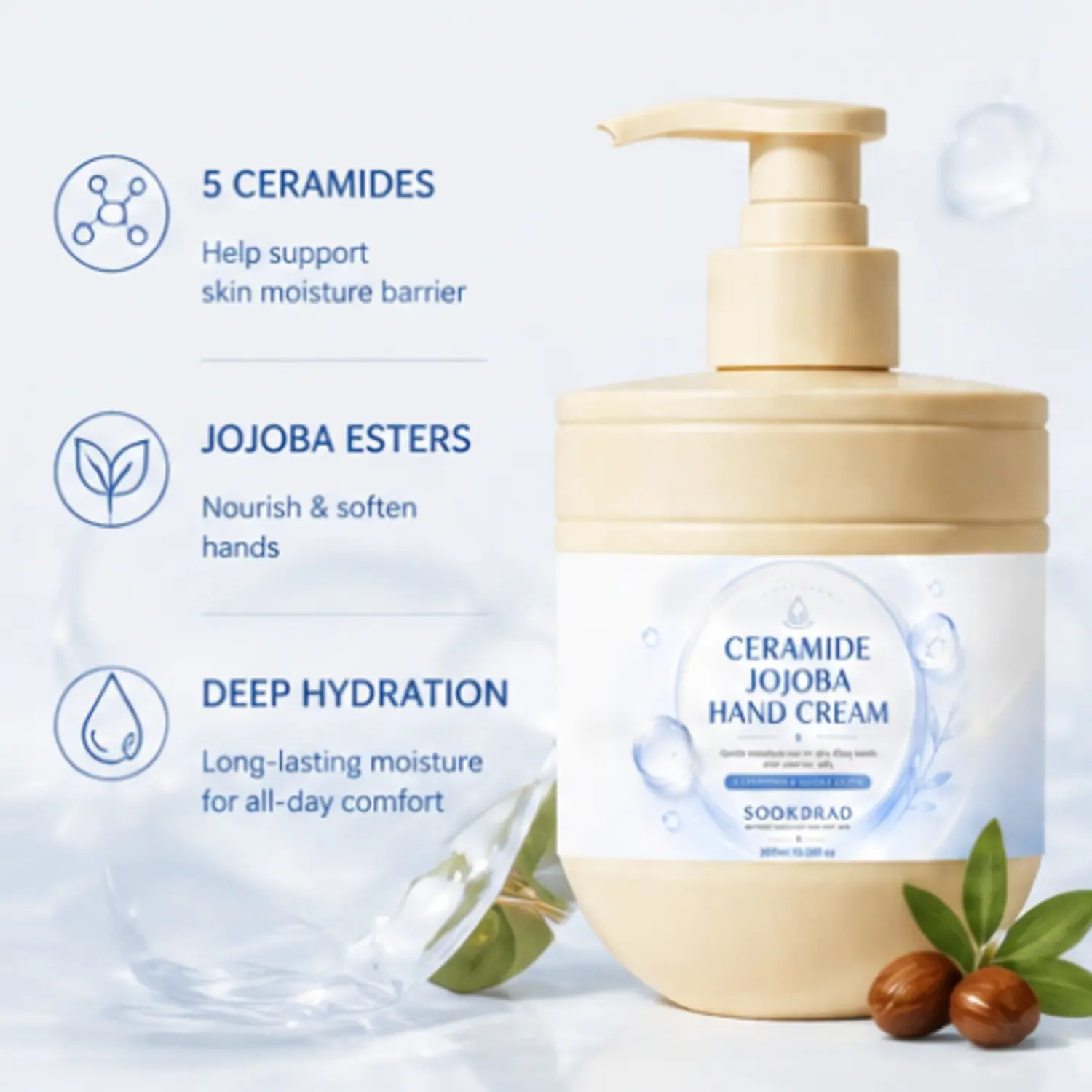 Ceramide Jojoba Hand Cream, 5 Ceramides, Jojoba Esters, gentle moisture care, for hands, dry flaky hands, sensitive skin, 10.58fl oz, 300ml