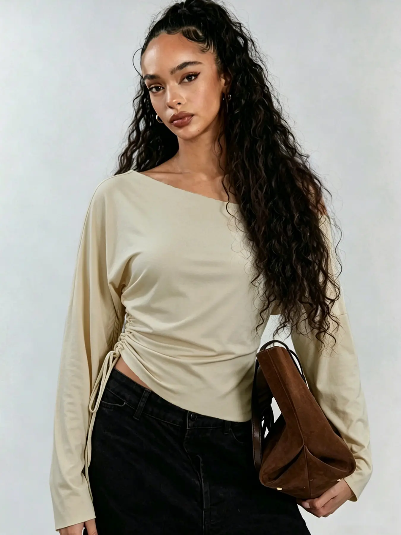 2026 European Style Spring Summer Chic Fashion Asymmetrical Shoulder Long Sleeve Slimming Waist Top for Women, Trendy Ladies' Clothing
