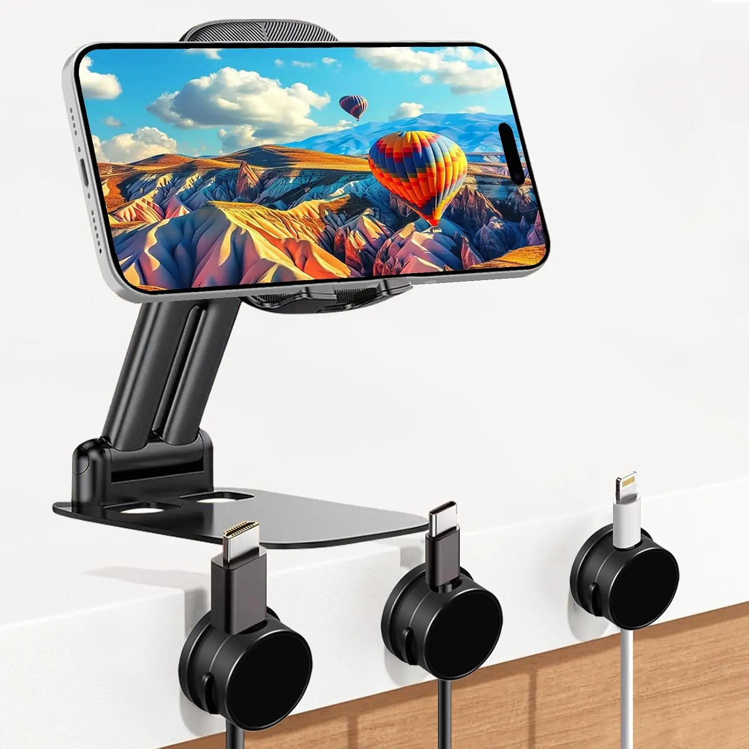 Cell Phone Stand Desktop and   Clips Set, Foldable & Height Adjustable Phone Holder and Adhesive Wire Holder Keeper Organizer for  Office/Travel Compatible with  Phones