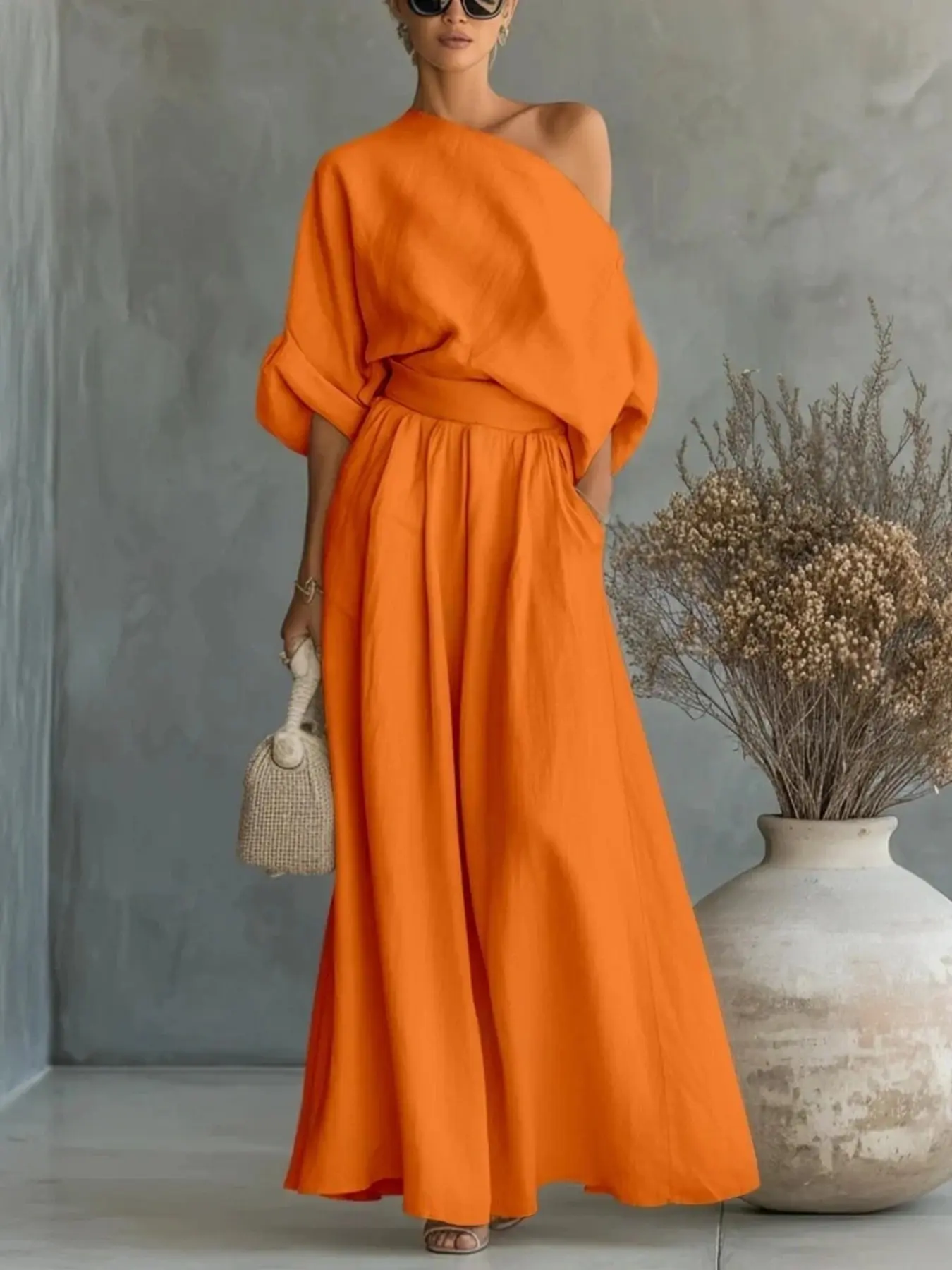 2026 New Arrival European Style Summer Autumn Set, Plain Color Off-The-Shoulder Blouse with Pockets, High Waist Long Pants, Casual Loose Fit