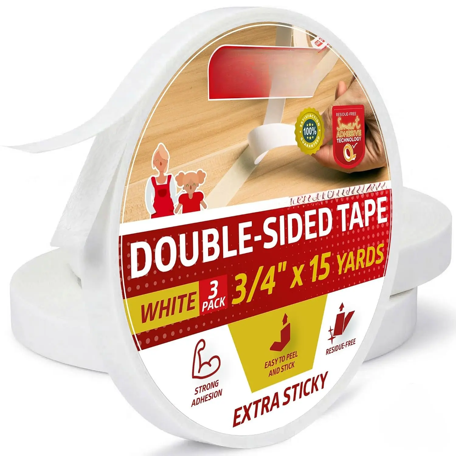 Extra Strength Double-Sided Tape, White, 3/4-Inch x 15-Yard (Pack of 3) - Extra Sticky for Heavy Duty Bonding (15 Yards per Roll)