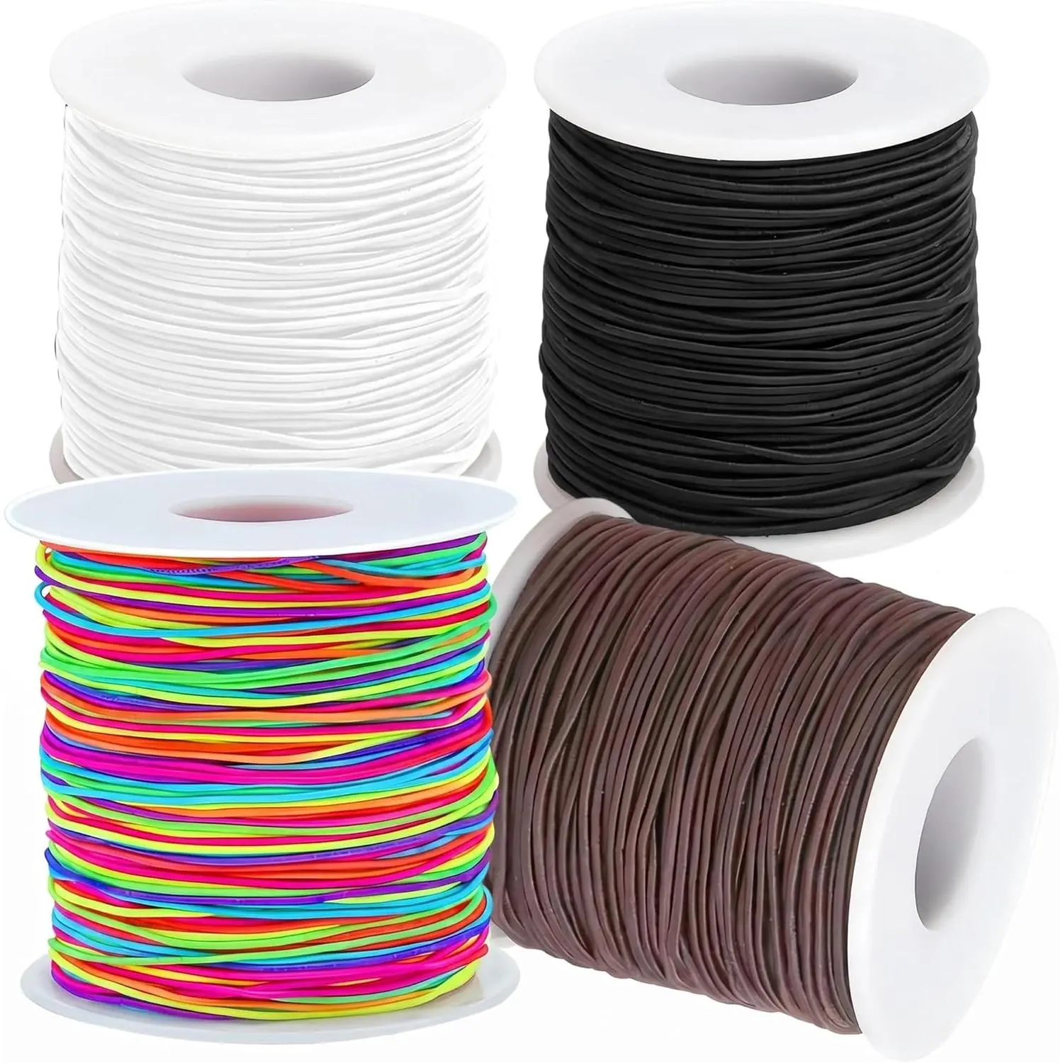 Stretchy Bracelet String 1mm - 4 Rolls Elastic String for Bracelet Making, 4 Colors Beading Cords Threads for Necklaces, Kandi Beads, Hair Ties & Crafts (Black, White, Rainbow, Brown)