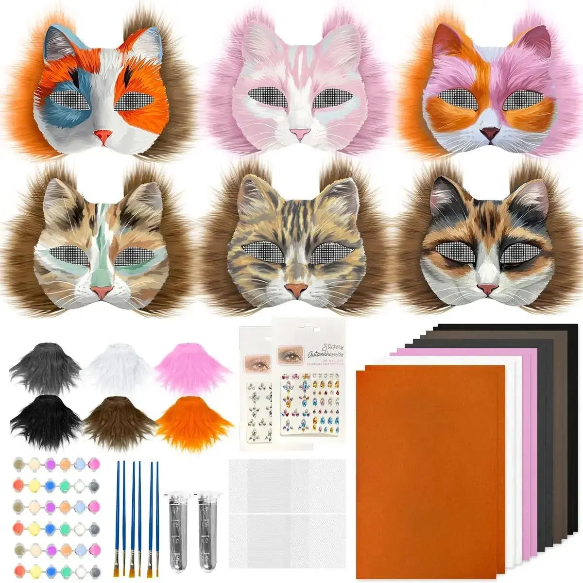 37Pcs Therian Cat Mask DIY Set White Cat Mask Base with Faux Fur Eye Mesh Whiskers and Painting Tools for Costume Party Cosplay Halloween Costume fnaf  mask Felt Kit