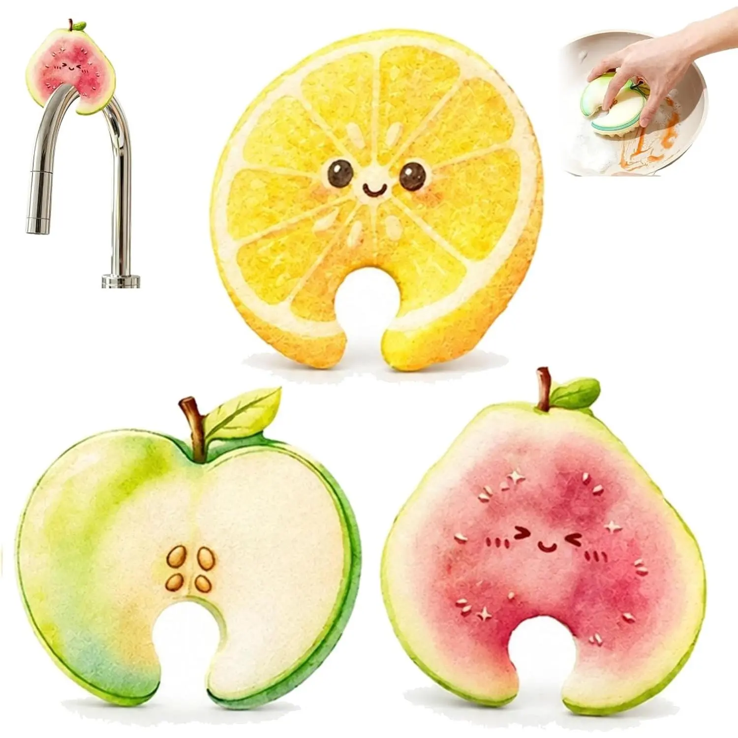 Compressed Cellulose Sponges - 3-Pack Fruit-Shaped Natural Pop-Up Kitchen Sponges, Compostable Plant-Based Non-Scratch Cleaning Tools for Dishes & Household Use