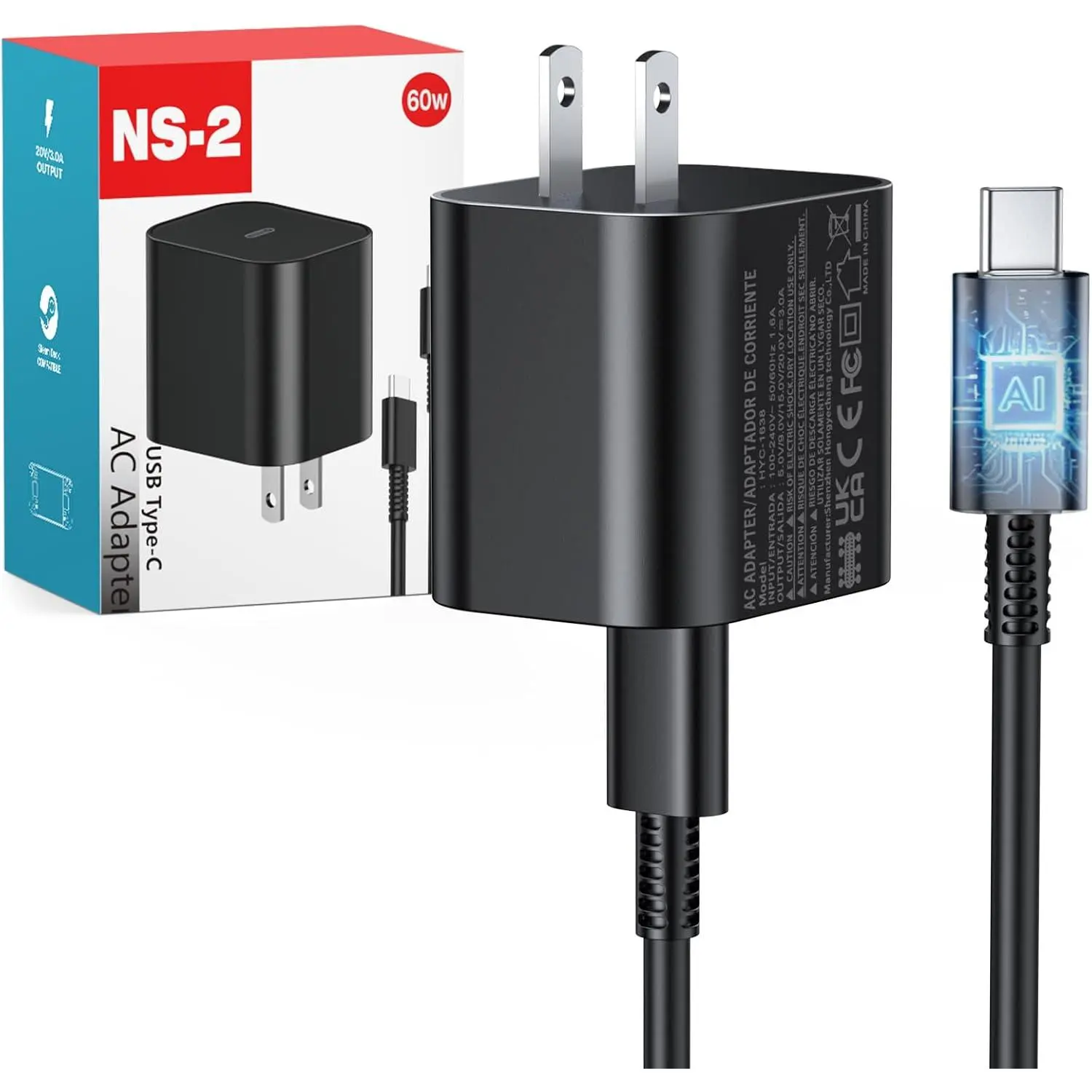 60W Charger for   2, PD 3.0   AC Adapter  for  2//OLED/Steam Deck, Supports 4K TV Dock Mode & Handheld Mode, 5ft Detachable