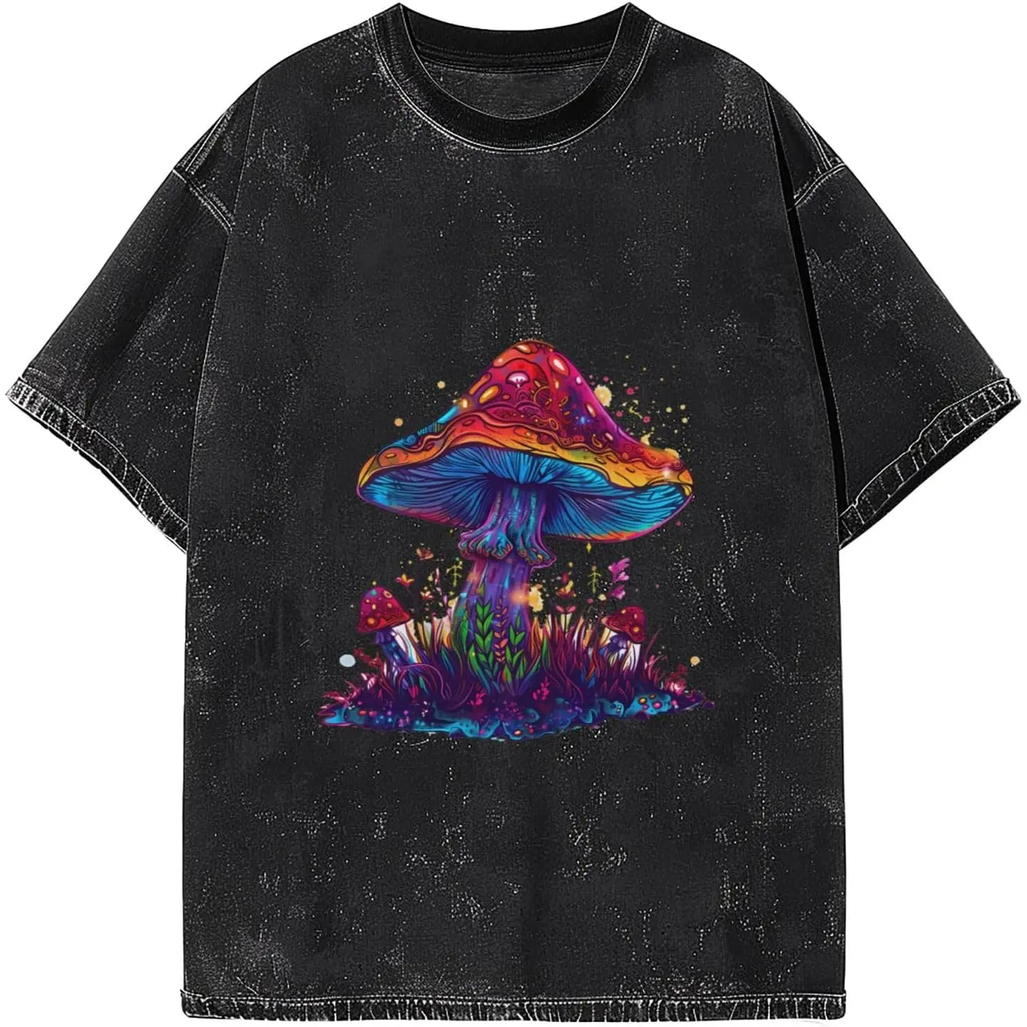 Vintage Wash Trippy Mushroom Graphic Tee Acid Wash Aesthetic Premium Cotton Tshirt Psychedelic Hippie T Shirt Women Short Sleeve Crewneck Top Fun Gift Men Loose Casual Top Oversized Summer Outfit
