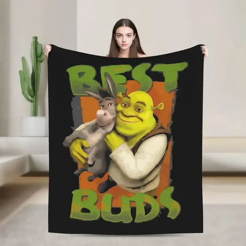 Shrek Donkey Best Buds Orange Frame Flannel Throw Blanket, Retro Vintage Cartoon Friendship Meme Cotton Fleece Blanket, Soft Warm Living Room Decor Gift for Shrek Fans, Ideal for Camping Travel, Friend, Fading Proof