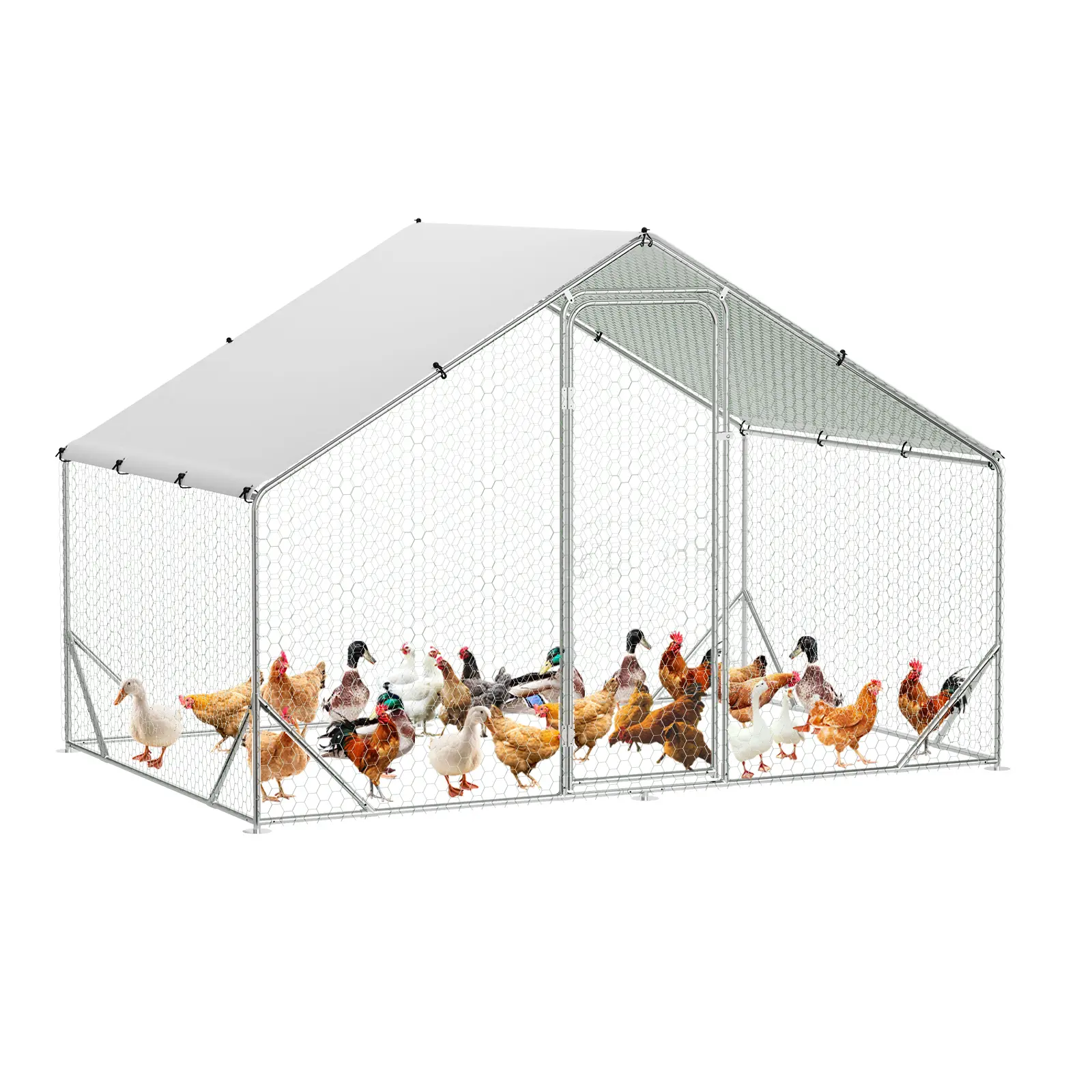 9.8ft x 6.5ft x 6.5ft Walk-in Metal Chicken Coop, Heavy Duty Galvanized Steel Poultry Cage with Spire Roof, Anti-UV Waterproof Cover Predator-Safe Chicken Run Enclosure for Backyard, Farm Duck Rabbit Small Pet Raising