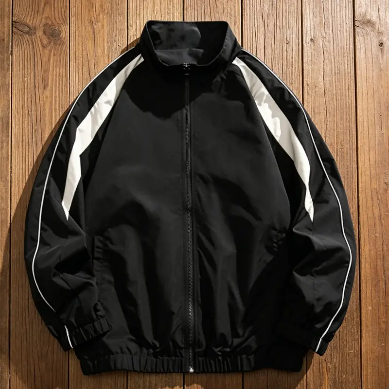 Men's Retro Striped Loose-Fit Windproof Polyester Track Jacket - Stand Collar, Full Zip, Medium Length, Wind-Lock, Machine Washable Outerwear for All Seasons, Minimalist Design, Short Slacks-Friendly, Breathable Fabric, Sneaker-Matching